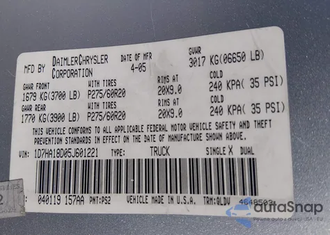 2005 Dodge Ram 1500 Slt/Laramie from USA, damaged, VIN 1D7HA18D05J601221